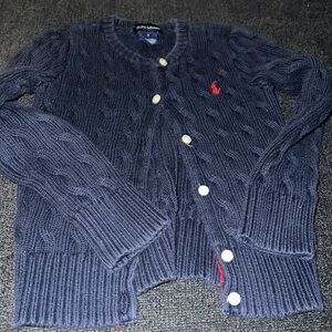Ralph Lauren navy cable knit cardigan sweater with red logo. Size 6. VGUC.